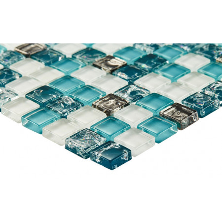 Мозаика № 2083 микс бирюза-белый-темная бирюза колотая-платина (1.5x1.5) 30x30